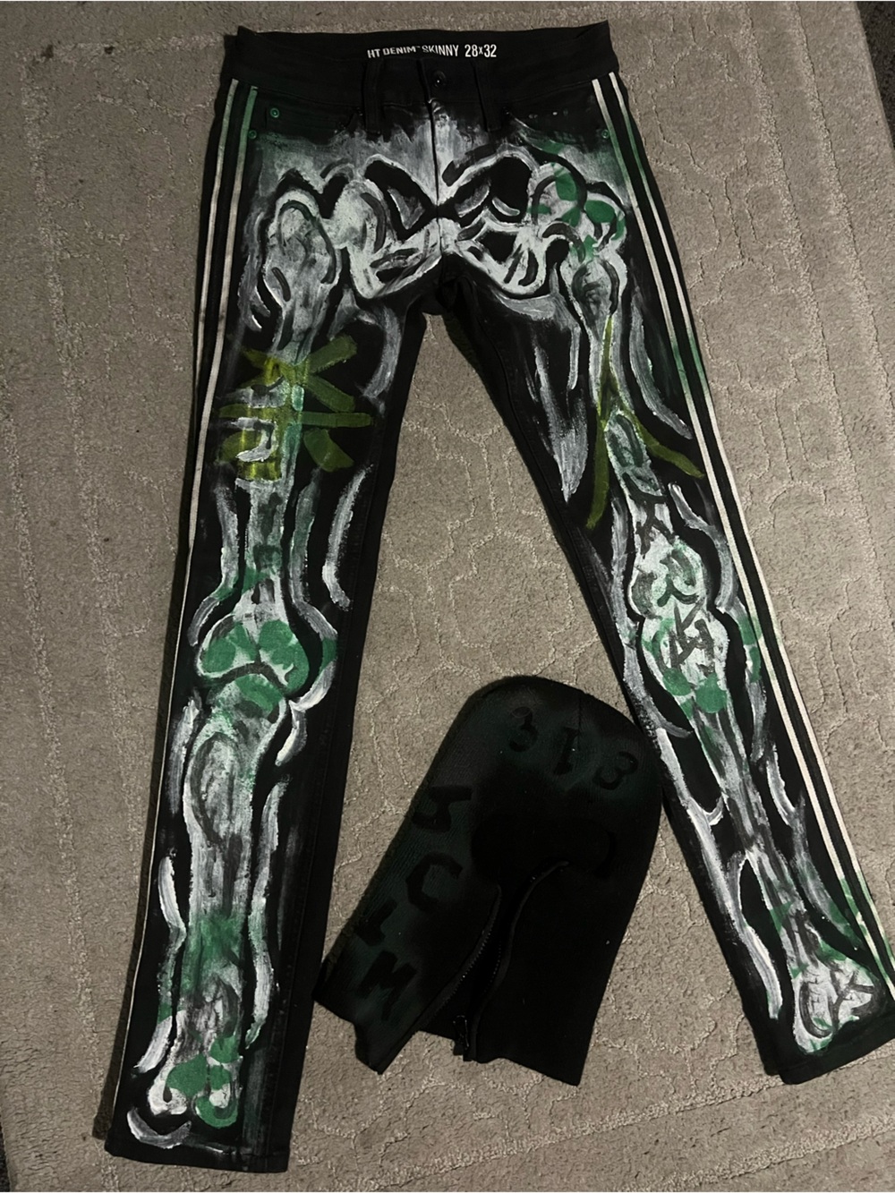 Hand-Painted Black Men's Leggings with Green & White Artwork